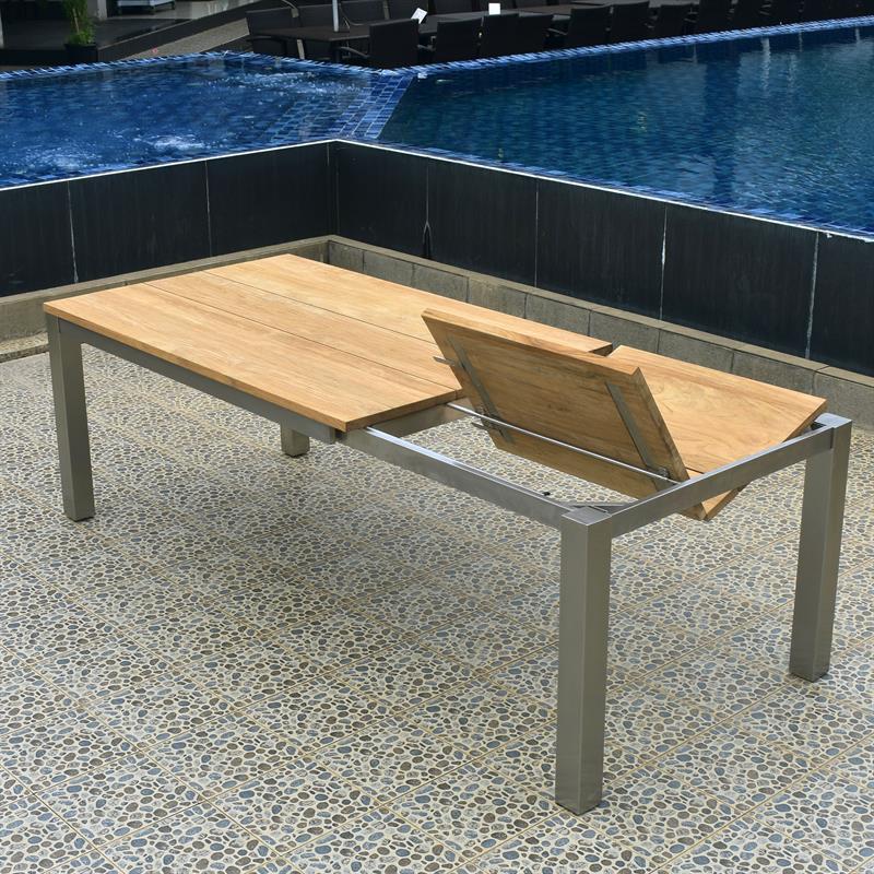 Planka front extension table 230/160 x 100 x 77 cm teak grade A brushed with stainless steel frame