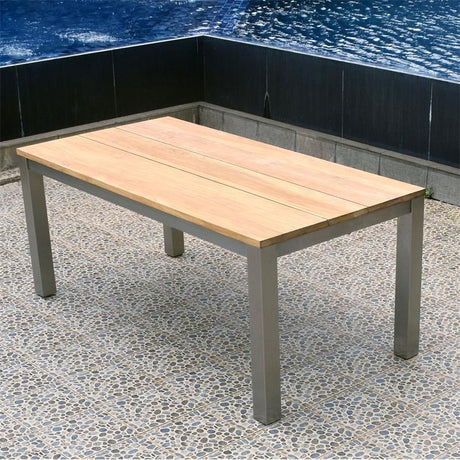 Table à rallonge frontale Planka 250/180 x 90 x 77 cm teck brossé grade A avec structure inox