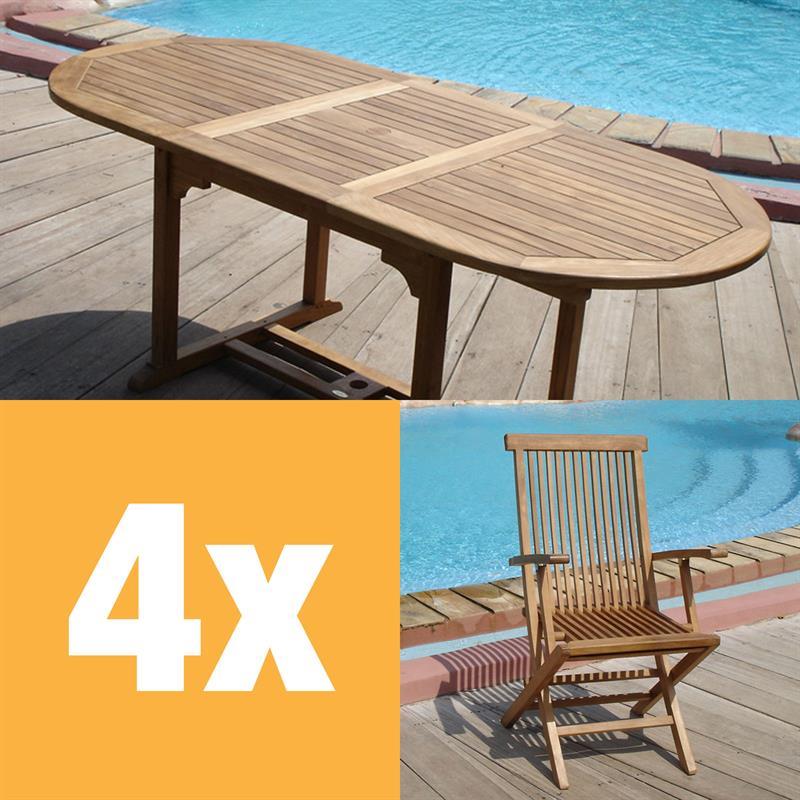 Raffles Set 200 consisting of Denver extendable table 200/150 x 90 and Raffles folding chairs with armrests Certified teak GRADE A + brass fittings