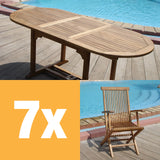 Raffles Set 200 consisting of Denver extendable table 200/150 x 90 and Raffles folding chairs with armrests Certified teak GRADE A + brass fittings