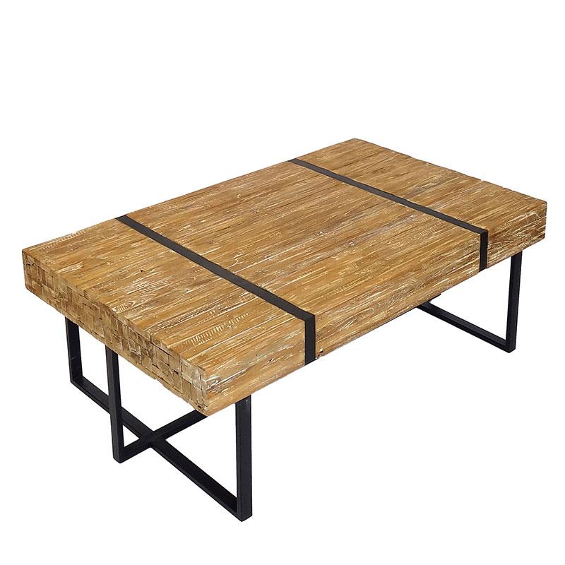 Table basse Reng 110 x 70 x 40 cm lattes en teck massif blanchi à la chaux et pieds en acier