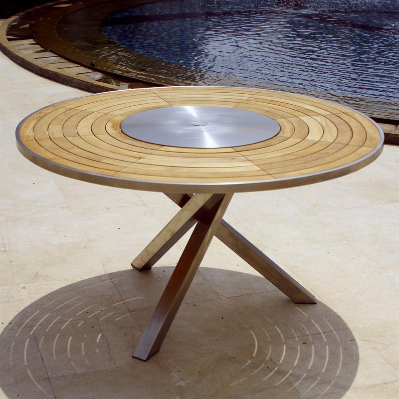 Table Signature ronde 137 cm en teck avec plateau tournant en inox