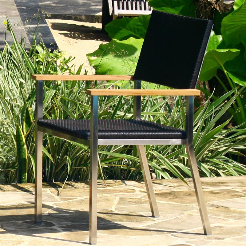 Florence front extension table set 230 consisting of Florence front extension table 230/160 x 100 teak with stainless steel frame and Florence stacking chairs wicker with stainless steel and teak