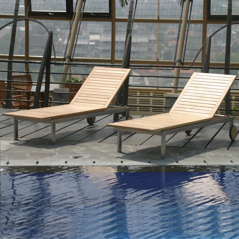 Moselle lounger set of 2 consisting of 2 Moselle loungers 204.5 x 62 x 35 cm -Certified Teak GRADE A + stainless steel frame and 2 lounger cushions in Sunproof