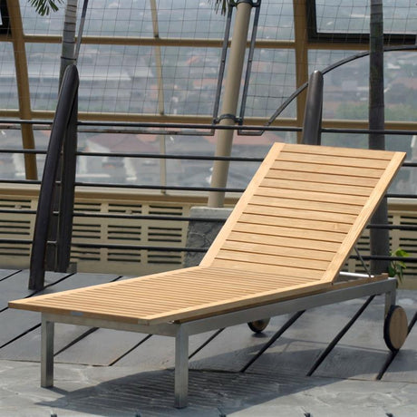 Moselle lounger set consisting of Moselle lounger 204.5 x 62 x 35 cm -Certified Teak GRADE A + stainless steel frame and lounger pad in Nagata