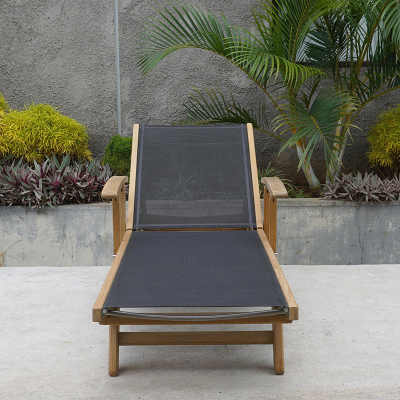 Rivera lounger flat with armrests - Teak GRADE A + Batyline + stainless steel fittings