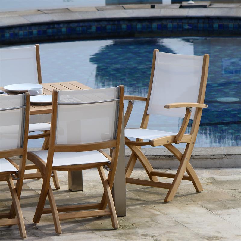 Rivera folding chair with armrest - Teak GRADE A + Batyline + stainless steel fittings