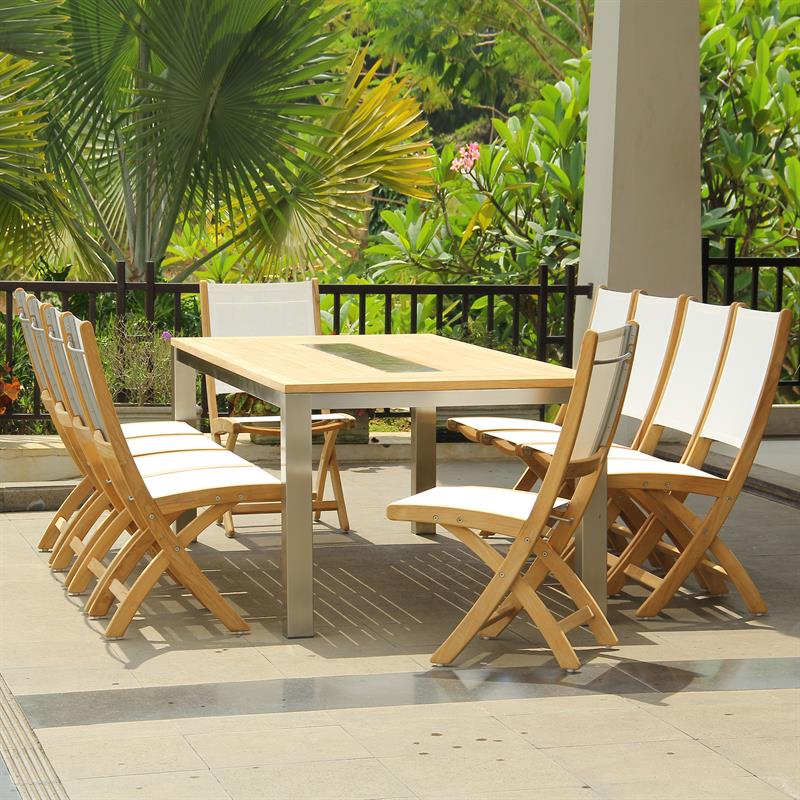 Signature table rectangular 220 x 100 x 76 cm teak with stainless steel shelf in the middle