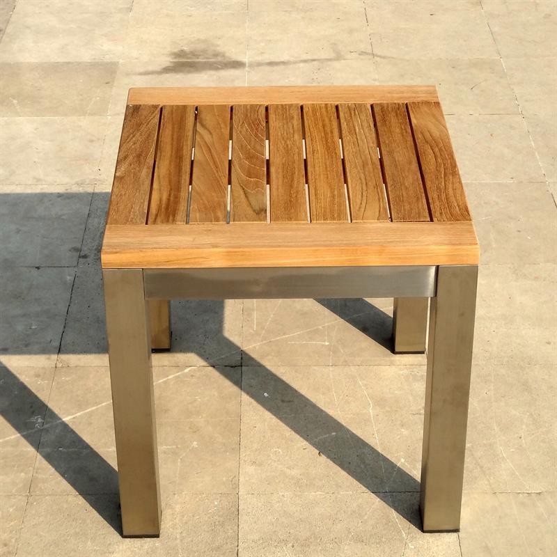 Tabouret/table d'appoint Florence 50 x 50 x 45 cm en teck avec structure en acier inoxydable