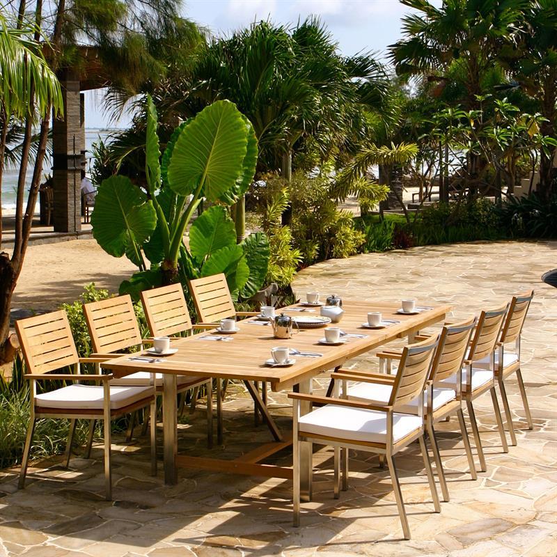 Moselle extendable table set 280 consisting of Moselle extendable table 280/235/190 x 100 and Moselle stacking chairs made of teak with stainless steel