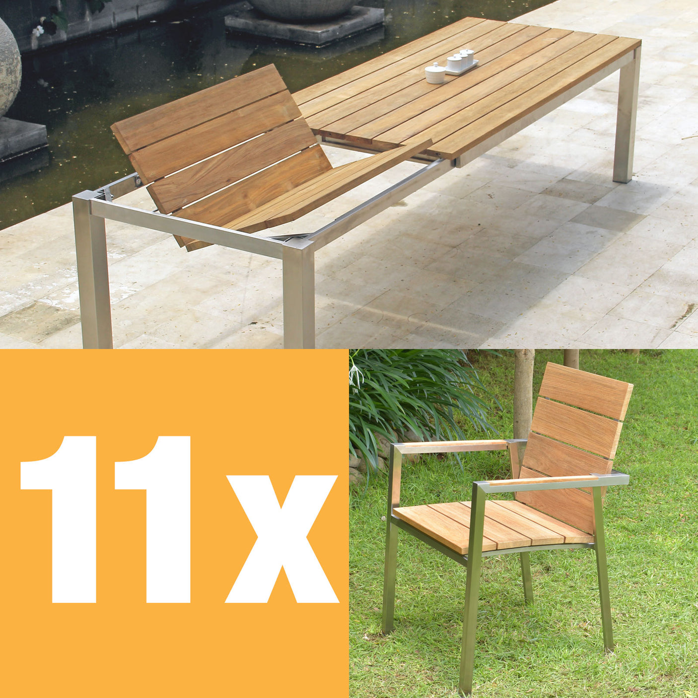 Zilart Frontausziehtisch Set Teak Natur 310 bestehend aus Zilart Frontausziehtisch 310/210 x 100 und Zilart Stapelstühlen