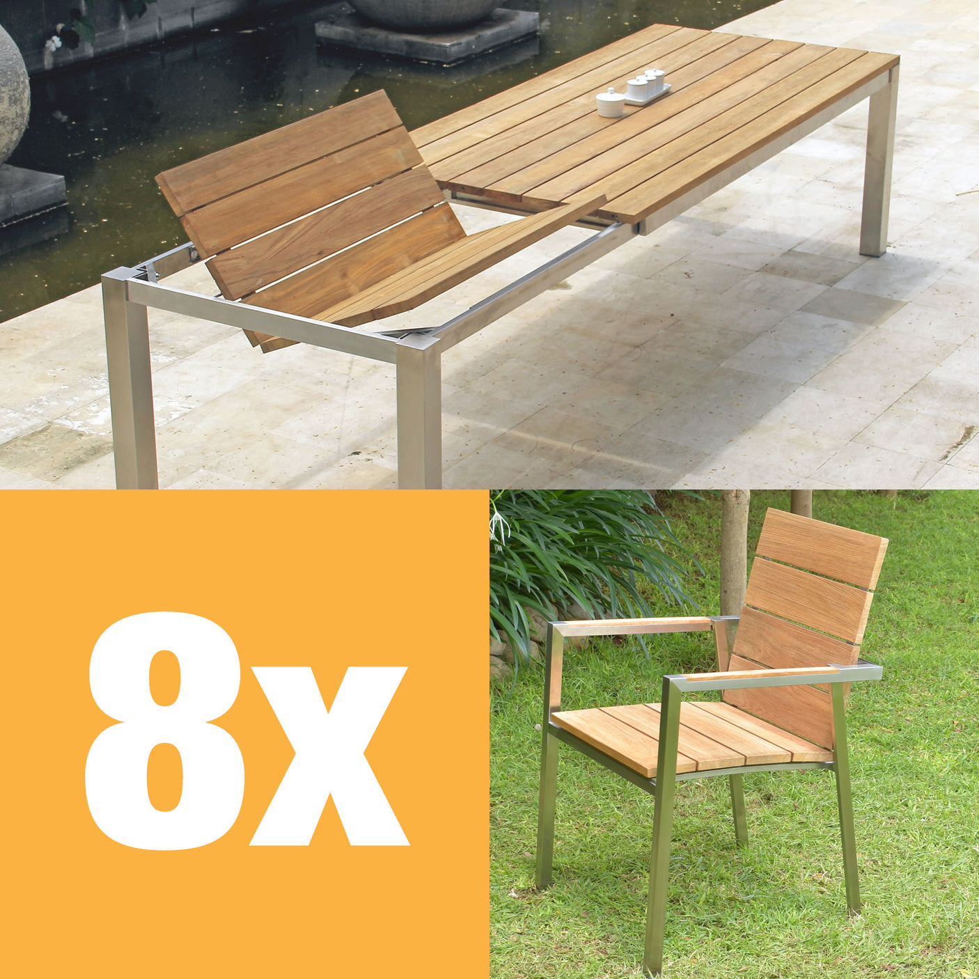 Zilart Frontausziehtisch Set Teak Natur 310 bestehend aus Zilart Frontausziehtisch 310/210 x 100 und Zilart Stapelstühlen