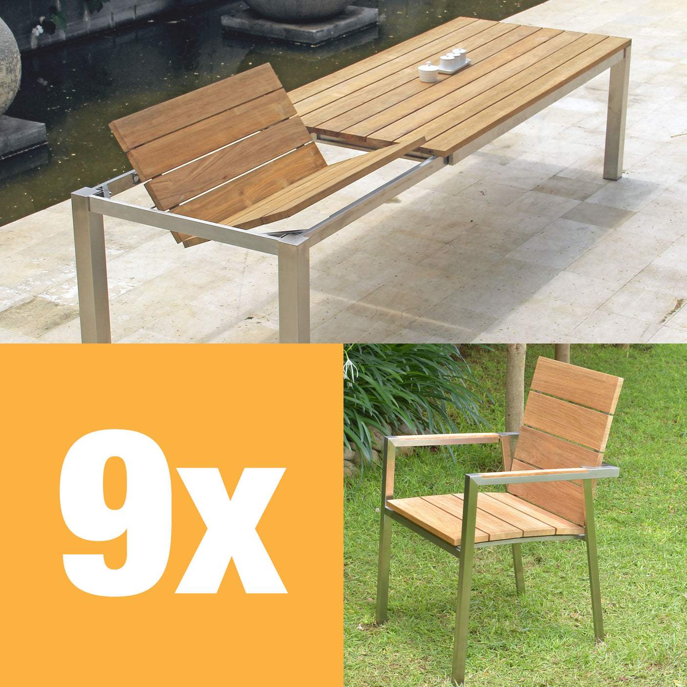 Zilart Frontausziehtisch Set Teak Natur 310 bestehend aus Zilart Frontausziehtisch 310/210 x 100 und Zilart Stapelstühlen