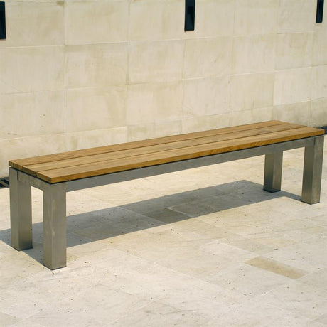 Banc de jardin Zilart sans dossier 190x45 cm - teck brossé vintage + structure inox