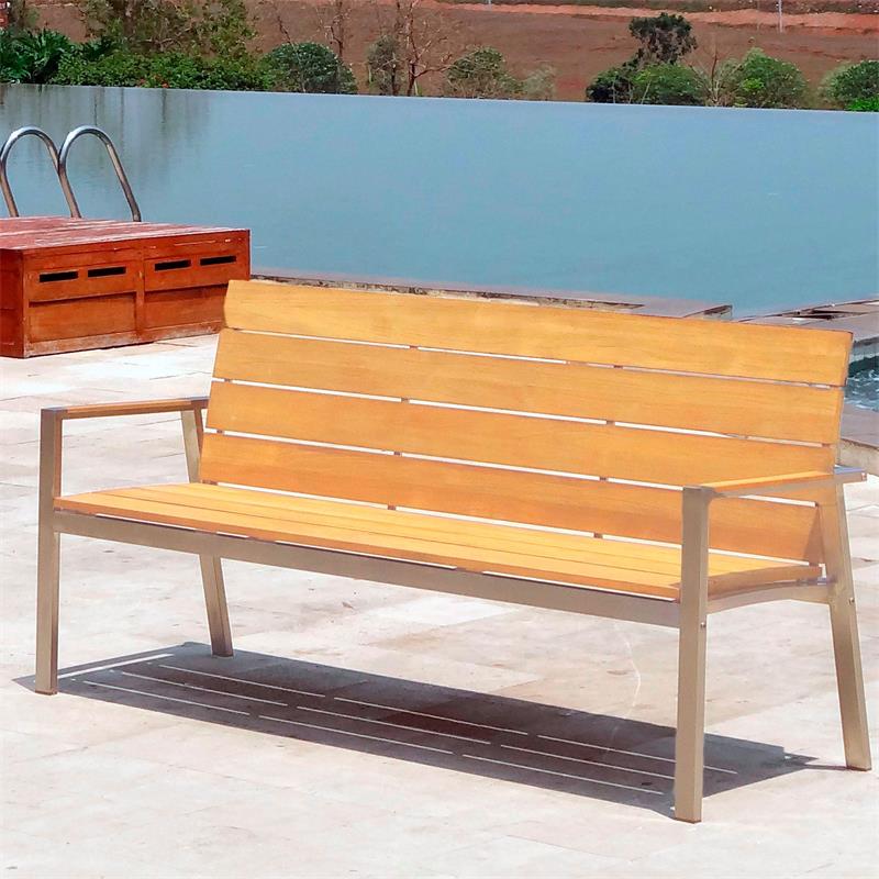 Banc de jardin Zilart avec dossier + accoudoir 190 - teck GRADE A NATUR brossé + structure inox