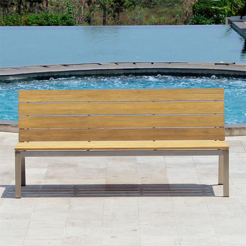 Banc de jardin Zilart avec dossier sans AL 182 - teck GRADE A avec structure en acier inoxydable 182x63,5x91,4 cm