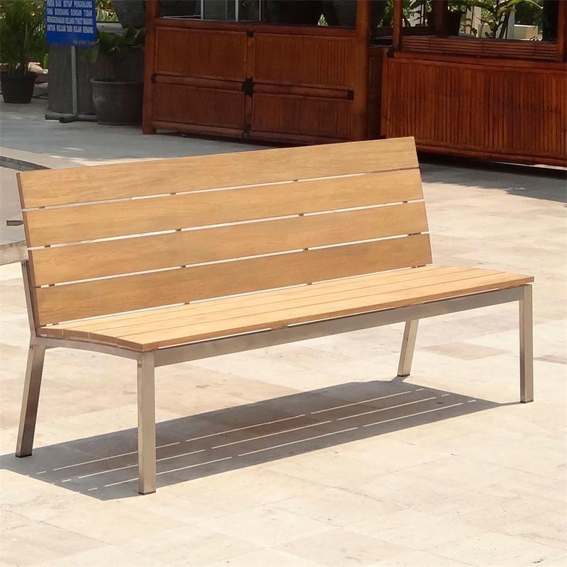 Banc de jardin Zilart avec dossier sans AL 182 - teck GRADE A avec structure en acier inoxydable 182x63,5x91,4 cm