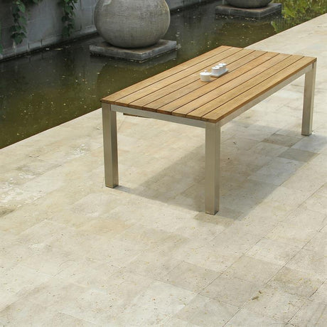 Table à rallonge frontale Zilart 310/210 x 100 x 77 cm - teck brossé vintage + structure inox