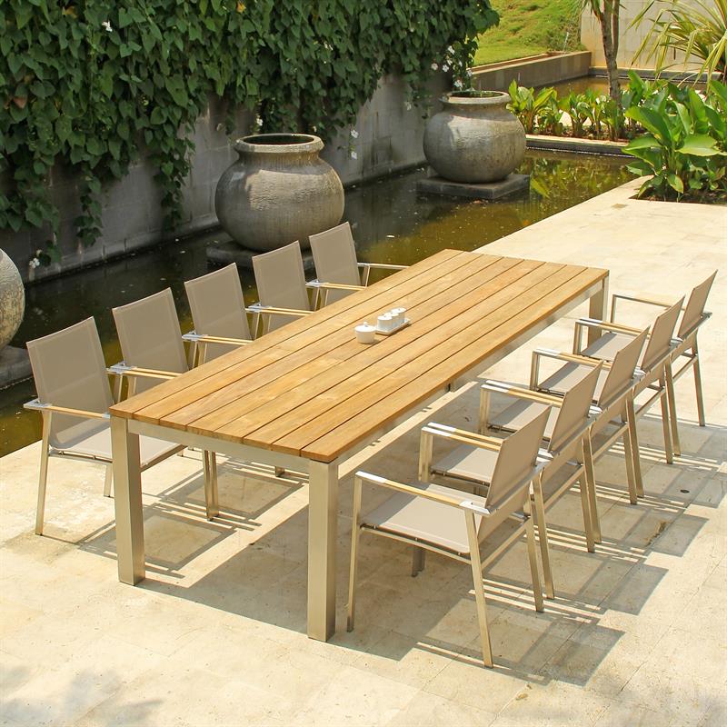 Zilart front extension table set Teak Natural 310 consisting of Zilart front extension table 310/210 x 100 and Zilart stacking chairs